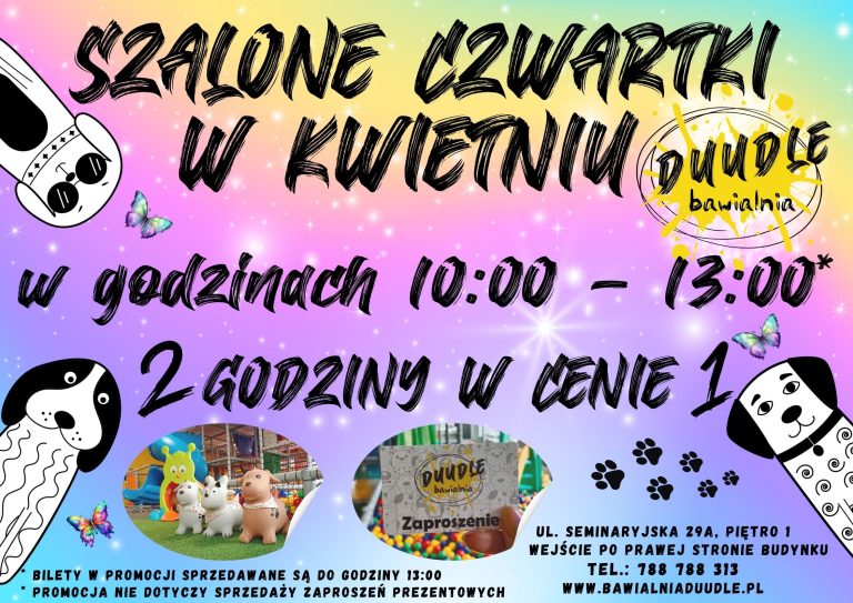 Szalone czwartki w kwietniu – 2 godziny zabawy w cenie 1