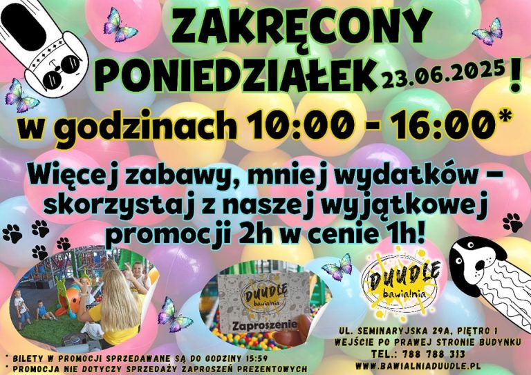 Zakręcony poniedziałek 23 czerwca – 2 godziny zabawy w cenie 1